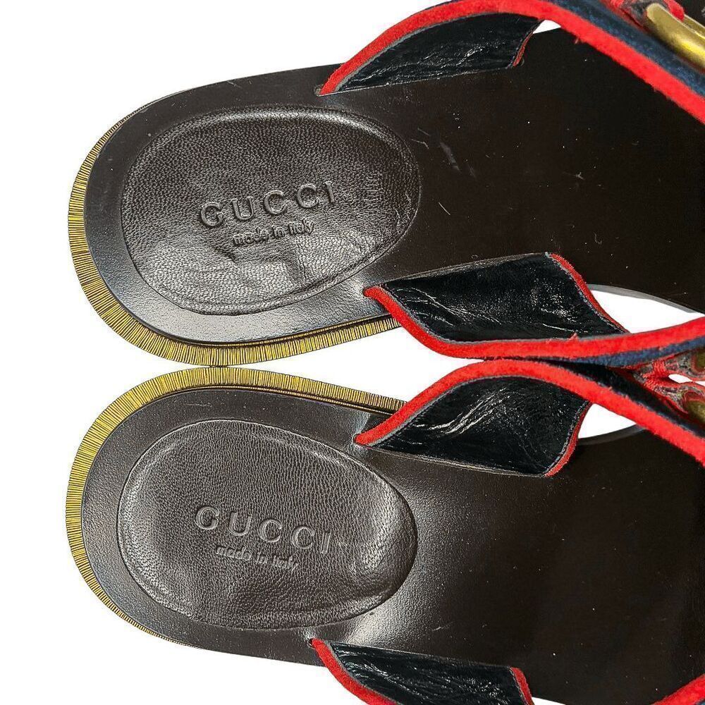 Gucci Querelle Red Suede Web Stripe Slide Heeled Wooden Sandals Women Size 36.5 - Picture 9 of 11